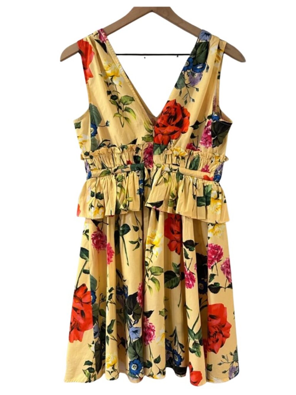 NWT Express Yellow Cotton Floral V-Neck Smocked Waist Peplum Dress